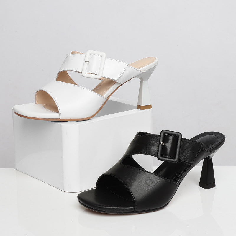 Sandals High Heels Women Korean Style Fish Mouth Square Buckle Slippers