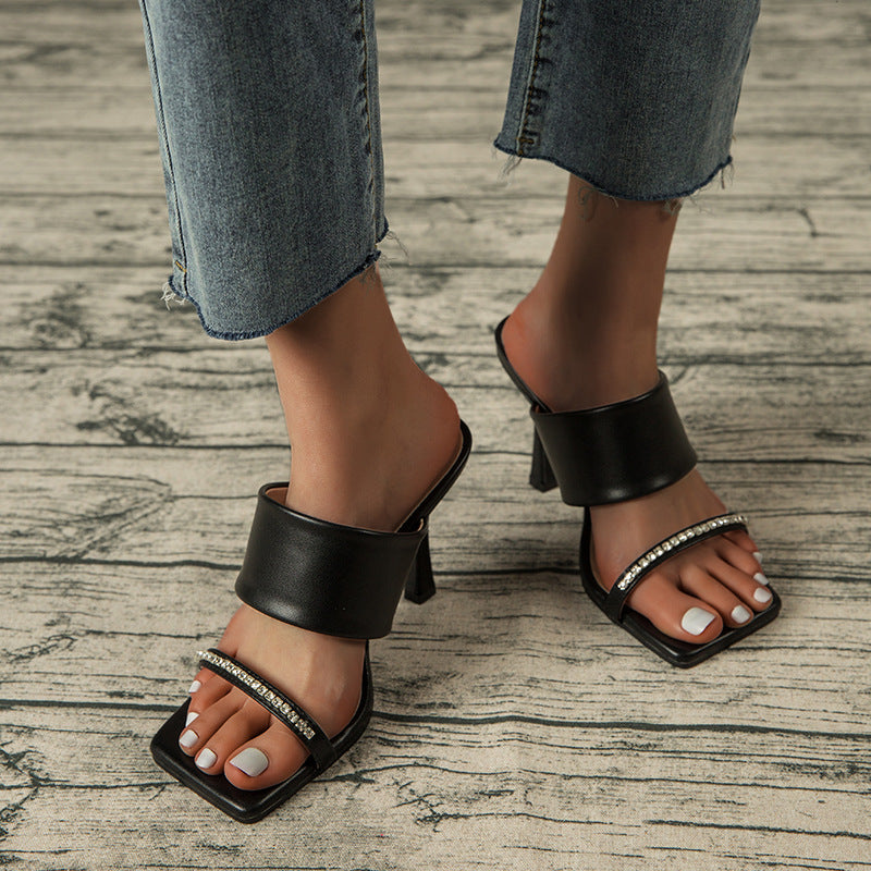 Stiletto High Heels Square Toe Sandals With Rhinestone Outer Wear Sandals And Slippers Women
