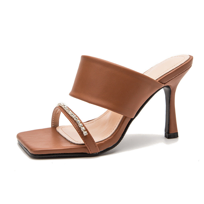 Stiletto High Heels Square Toe Sandals With Rhinestone Outer Wear Sandals And Slippers Women