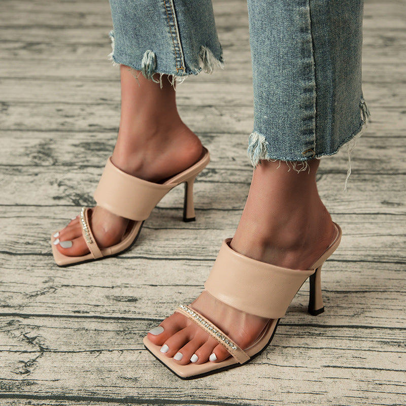Stiletto High Heels Square Toe Sandals With Rhinestone Outer Wear Sandals And Slippers Women