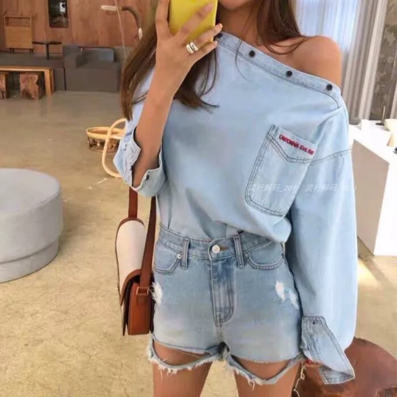 One-line Collar Off-shoulder Blouse With Embroidery Pockets Loose Shirt Denim Shirt Women