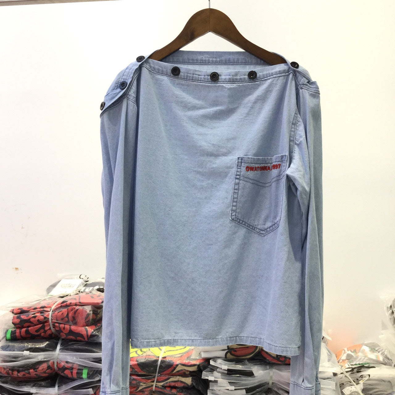 One-line Collar Off-shoulder Blouse With Embroidery Pockets Loose Shirt Denim Shirt Women