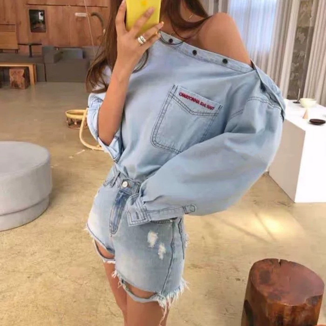 One-line Collar Off-shoulder Blouse With Embroidery Pockets Loose Shirt Denim Shirt Women