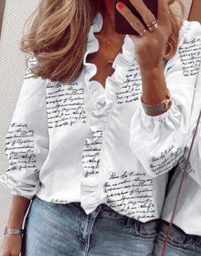 New Style Long-Sleeved Blouse With Ruffled Pineapple Print Shirt For Women