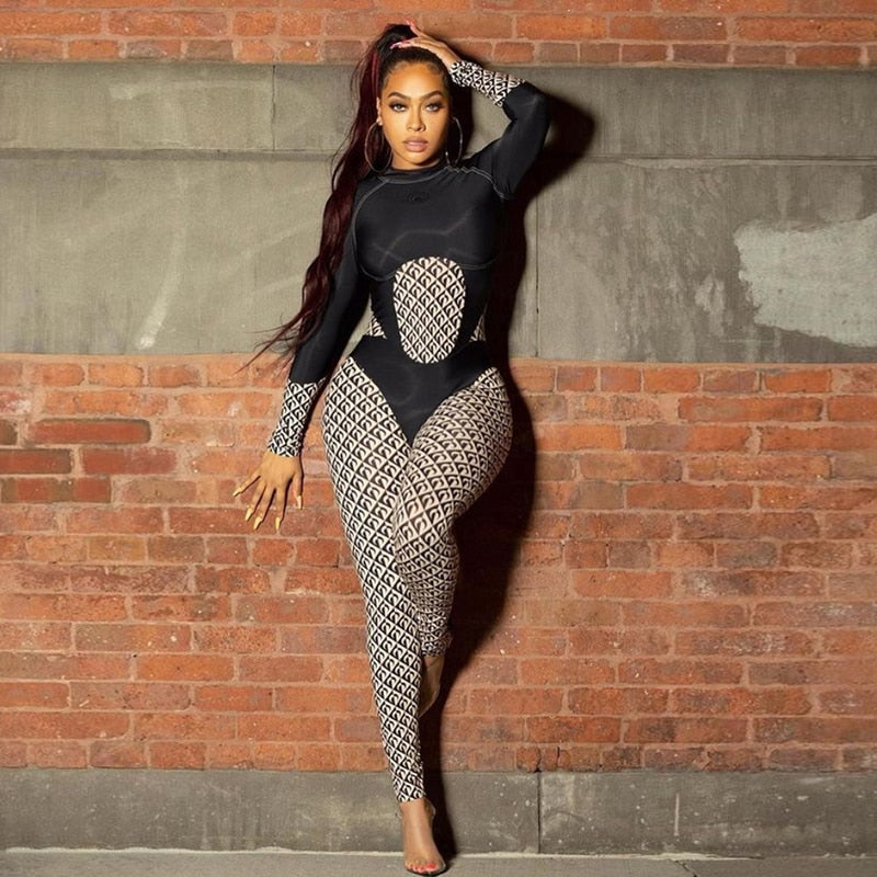 2021 Casual Tracksuits Women Sexy Contrast Color One Piece Overalls Patchwork Long Sleeve Zipper Slim Jumpsuits Autumn
