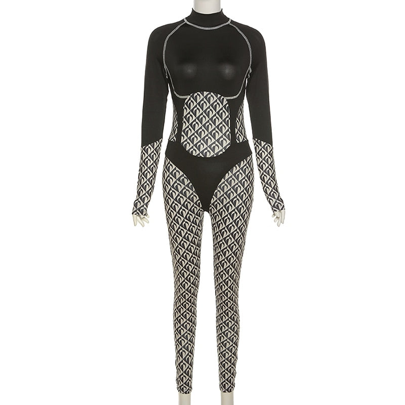 2021 Casual Tracksuits Women Sexy Contrast Color One Piece Overalls Patchwork Long Sleeve Zipper Slim Jumpsuits Autumn