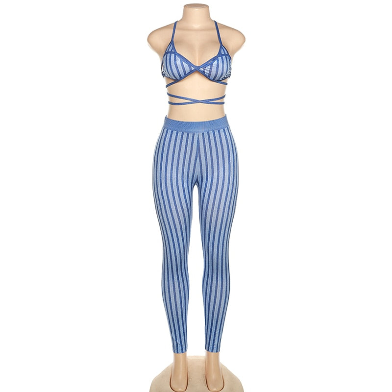 Two Piece Set Striped Print Women Sexy V-neck Bandage Backless Bra Tops+Mid Waist Stretchy Sheath Pants High Street Outfit