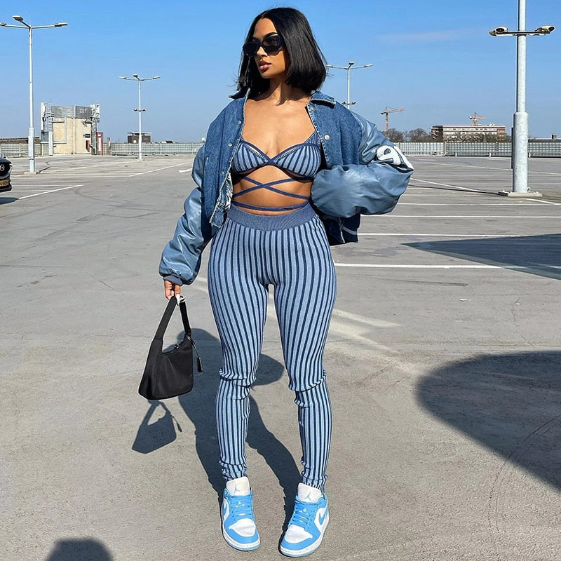 Two Piece Set Striped Print Women Sexy V-neck Bandage Backless Bra Tops+Mid Waist Stretchy Sheath Pants High Street Outfit