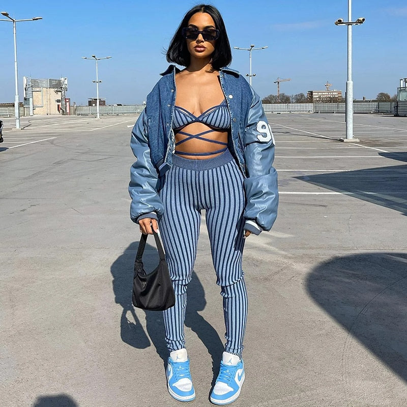 Two Piece Set Striped Print Women Sexy V-neck Bandage Backless Bra Tops+Mid Waist Stretchy Sheath Pants High Street Outfit