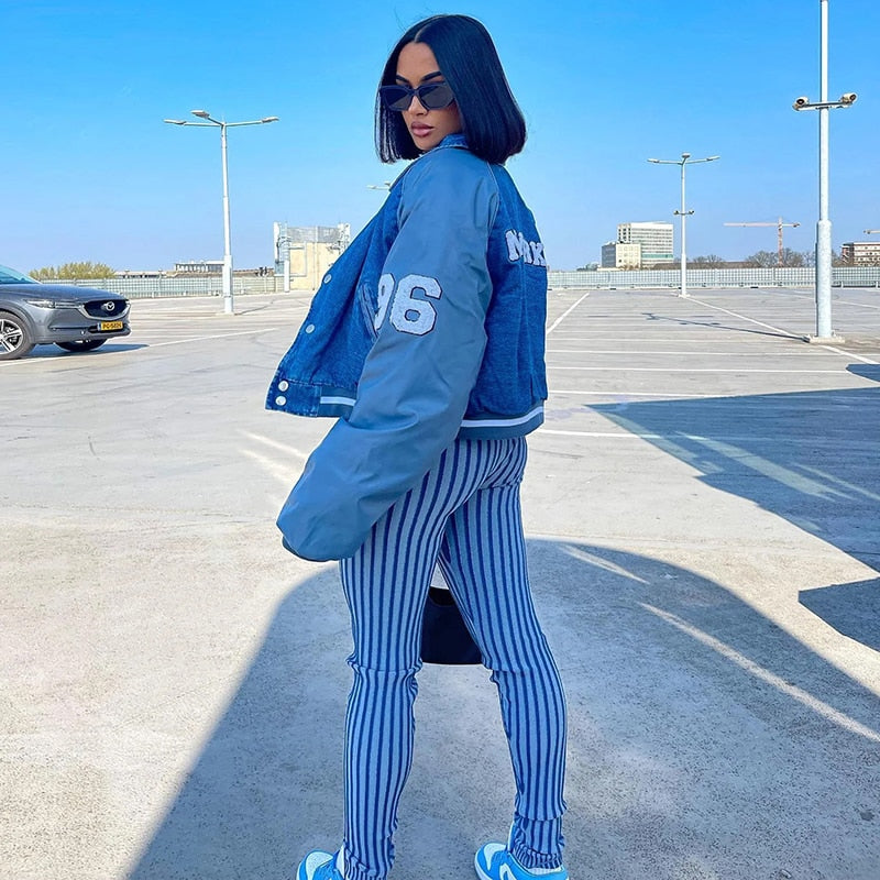 Two Piece Set Striped Print Women Sexy V-neck Bandage Backless Bra Tops+Mid Waist Stretchy Sheath Pants High Street Outfit