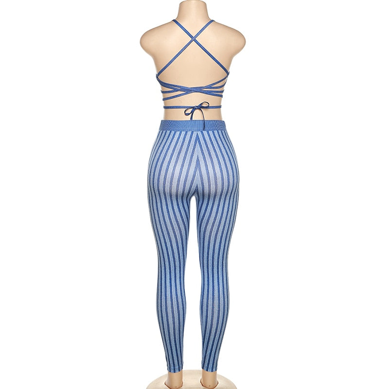 Two Piece Set Striped Print Women Sexy V-neck Bandage Backless Bra Tops+Mid Waist Stretchy Sheath Pants High Street Outfit