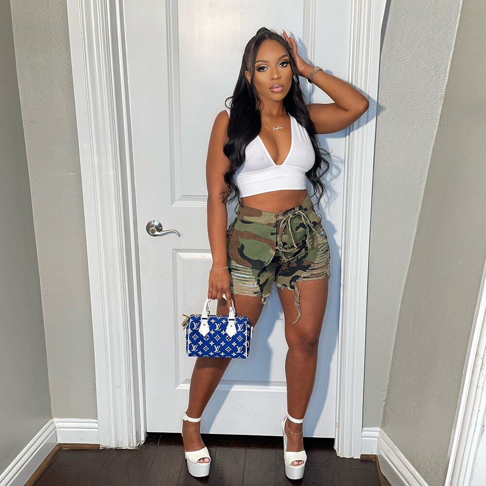 Streetwear Women Shorts Camouflage Pockets Ditsy Tassel Sexy Hollow Out Drawstring Fashion Summer Mujer Bottoms Casual