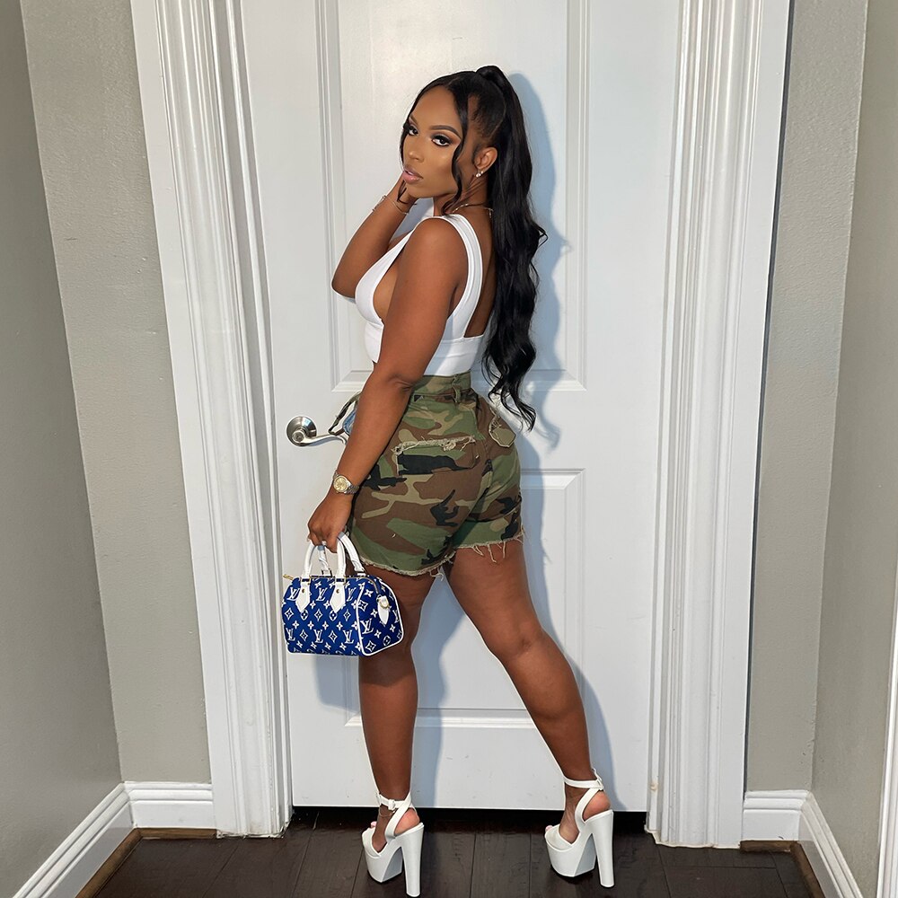 Streetwear Women Shorts Camouflage Pockets Ditsy Tassel Sexy Hollow Out Drawstring Fashion Summer Mujer Bottoms Casual