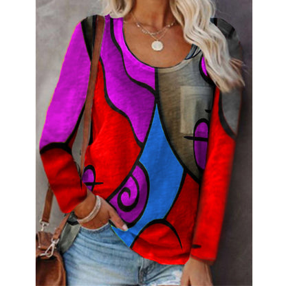 Women's Casual Long-sleeved T-shirt Plus Size Color Matching Blouse Women