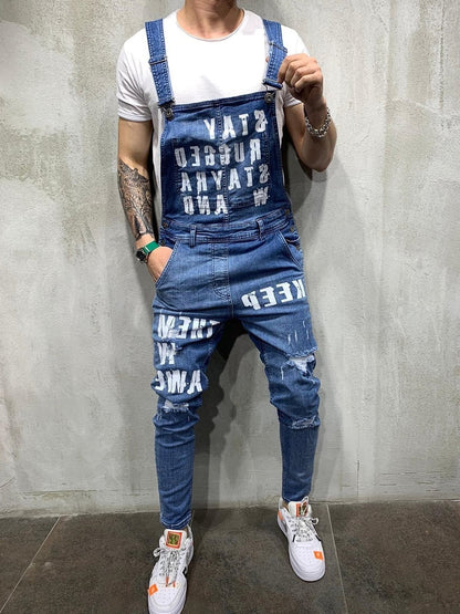 Men's braces ripped jeans jumpsuit men pants