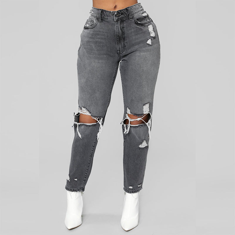 Ripped big hole fashion Jeans Women High Waist skinny pencil Denim Pants Elastic Stretch sexy slim fit gray Jeans women S-2XL