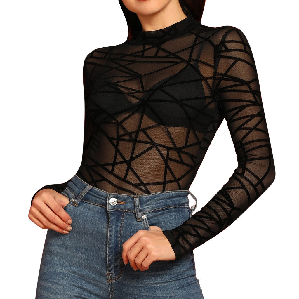 Sexy Women Blouses Transparent Mesh Long Sleeve Tops Tee