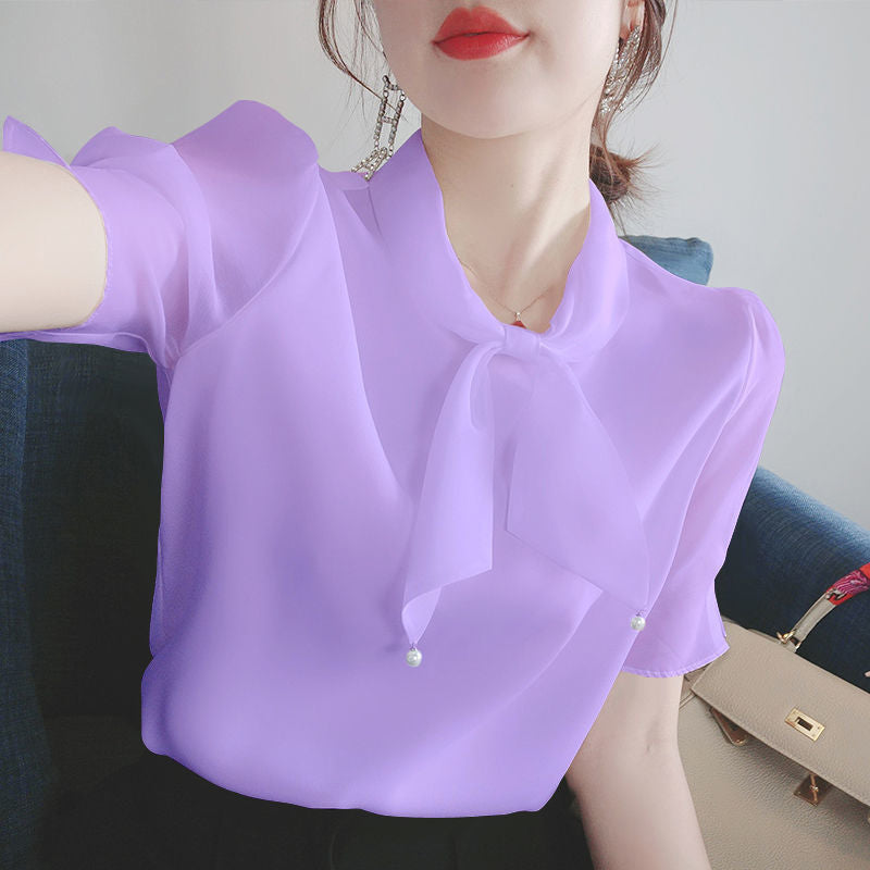 Bowknot V-neck Chiffon Shirt Blouse Women