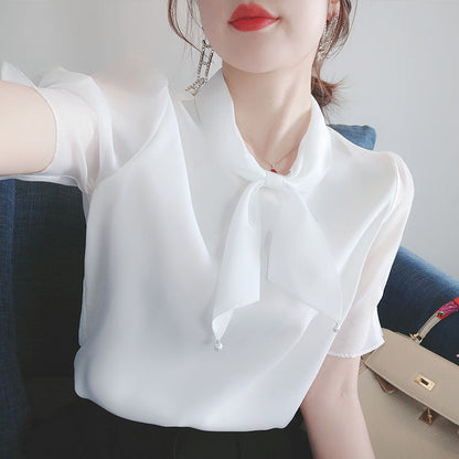 Bowknot V-neck Chiffon Shirt Blouse Women