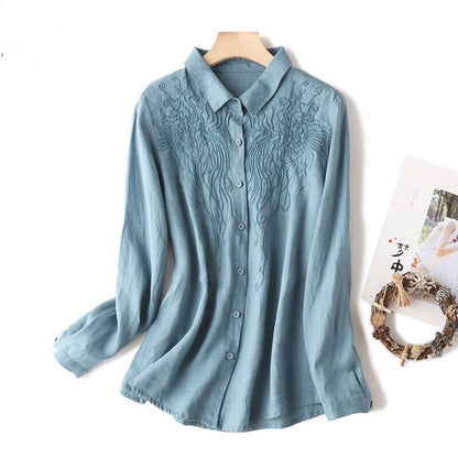 Korean Style Large Size Embroidered Flower Shirt Loose Shirt Blouse Women