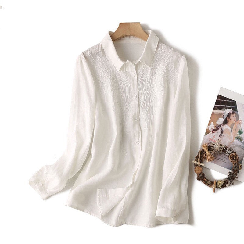 Korean Style Large Size Embroidered Flower Shirt Loose Shirt Blouse Women