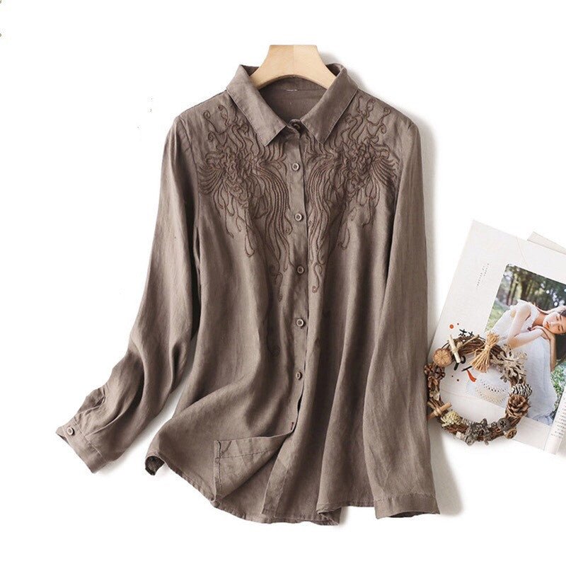 Korean Style Large Size Embroidered Flower Shirt Loose Shirt Blouse Women