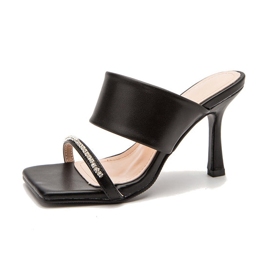 Stiletto High Heels Square Toe Sandals With Rhinestone Outer Wear Sandals And Slippers Women