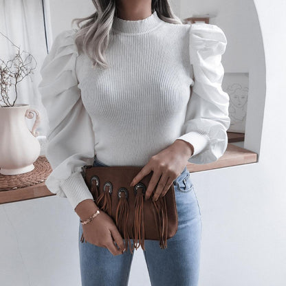 Blouse Women Puff Sleeve Knit Tops Streetwear T Shirt