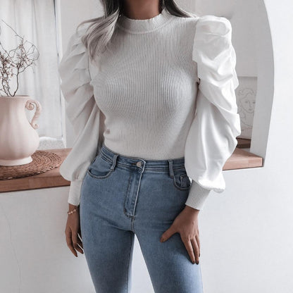 Blouse Women Puff Sleeve Knit Tops Streetwear T Shirt