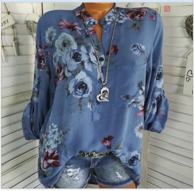 5XL Plus Size Summer Tops 2022/2023 Women Blouses Long Sleeve Print Stand Collar Button Blouse Pullover Womens Clothing Shirt Blusa