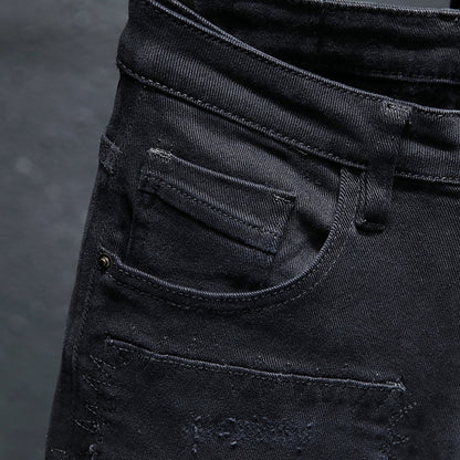 2022/2023 Spring And Summer New Jeans Pure Black Ripped Stretch Jeans Men Black Jeans Men