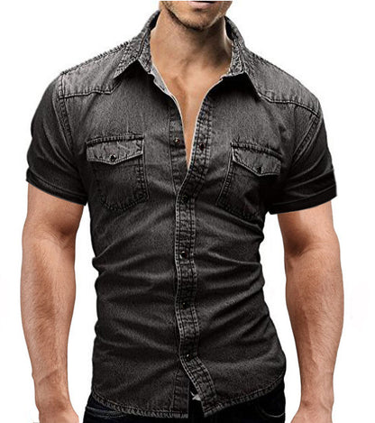 Men Denim Short-sleeved Slim Shirt Shirt