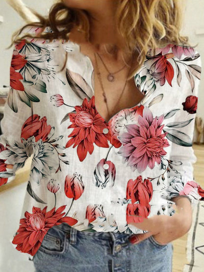 Fashion Printed Lapel Long Sleeved Shirt Blouse Women