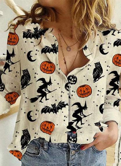 Fashion Printed Lapel Long Sleeved Shirt Blouse Women