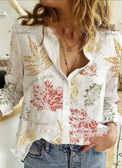 Fashion Printed Lapel Long Sleeved Shirt Blouse Women