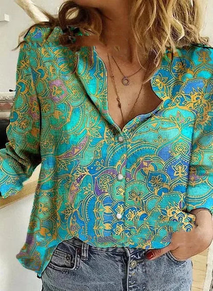 Fashion Printed Lapel Long Sleeved Shirt Blouse Women