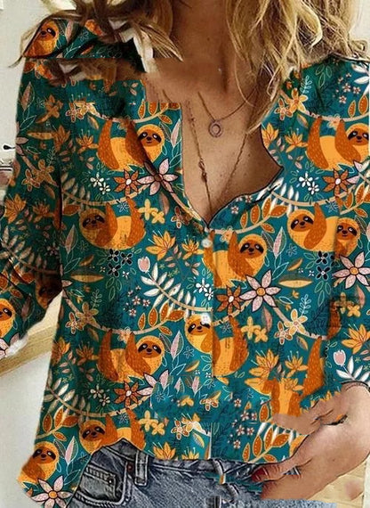 Fashion Printed Lapel Long Sleeved Shirt Blouse Women