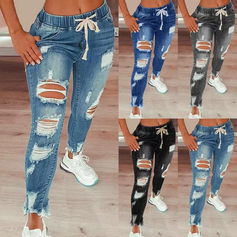 High Waist Ripped Elastic Waist Drawstring Jeans Women Trousers