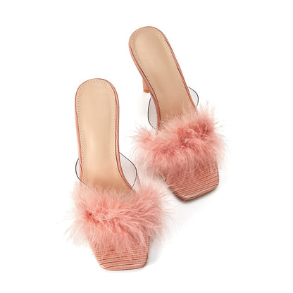 Wear Furry Sandals And Slippers With High Heels In The Back