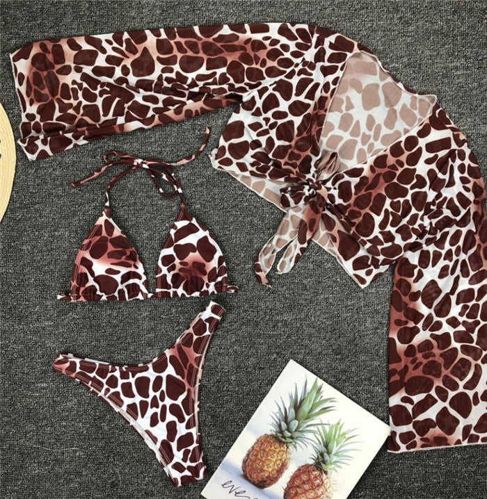 Long Sleeve Mesh Bikini Swimwear Women Three Pieces 2022/2023 Leopard Swimsuit Female Summer Sexy Bathing Suit