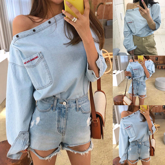 One-line Collar Off-shoulder Blouse With Embroidery Pockets Loose Shirt Denim Shirt Women