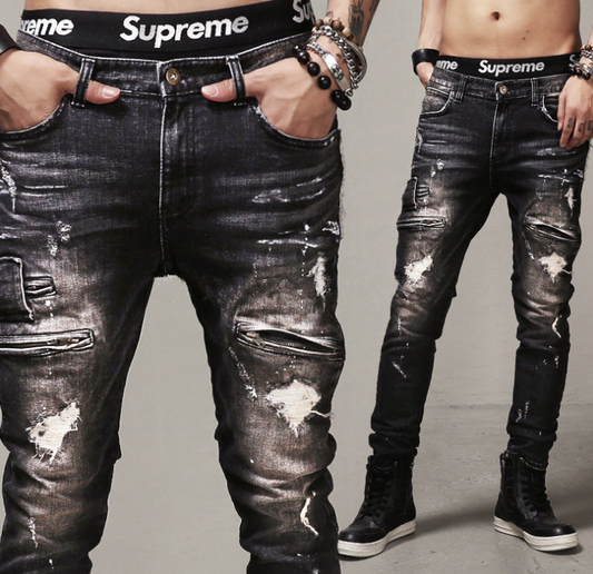 Men Vintage Distressed Denim Jeans Trousers Pants