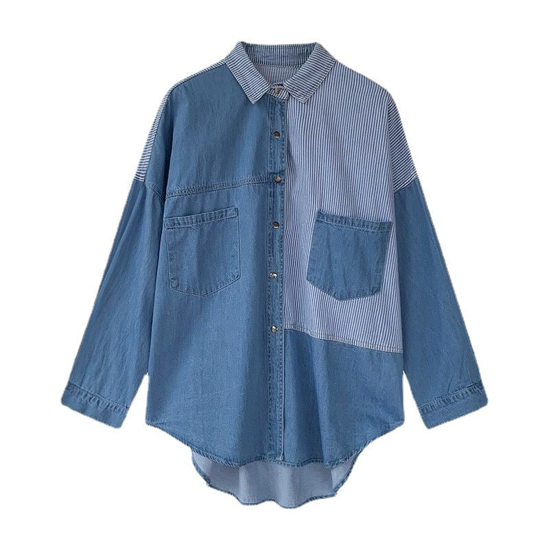 Denim Shirt Women Loose Long-Sleeved Blouse Mid-Length Striped Shirt