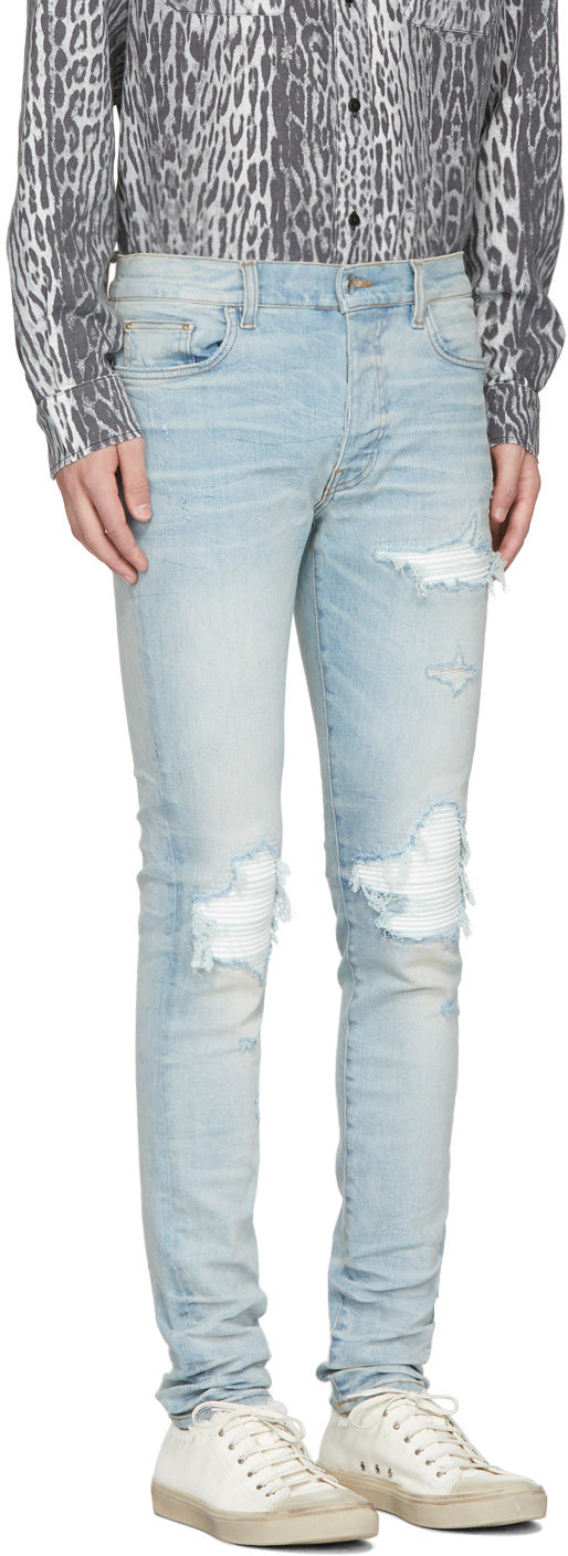 Trendy Brand Jeans Light Blue Ripped Patch Slim Fit Calf Pants Men