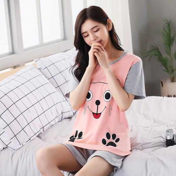 Women Pajamas Set Thin Short Sleeve Cute Sleepwear Homewear