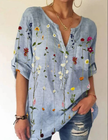 Summer Women's Blouse Loose Printing V-Neck Long-Sleeved Shirt Women