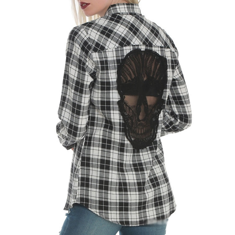 Skull Back Hollow Out Women Blouses Shirts Long Sleeve Plaid Blouse Blusas Tops Chemise Plus Size