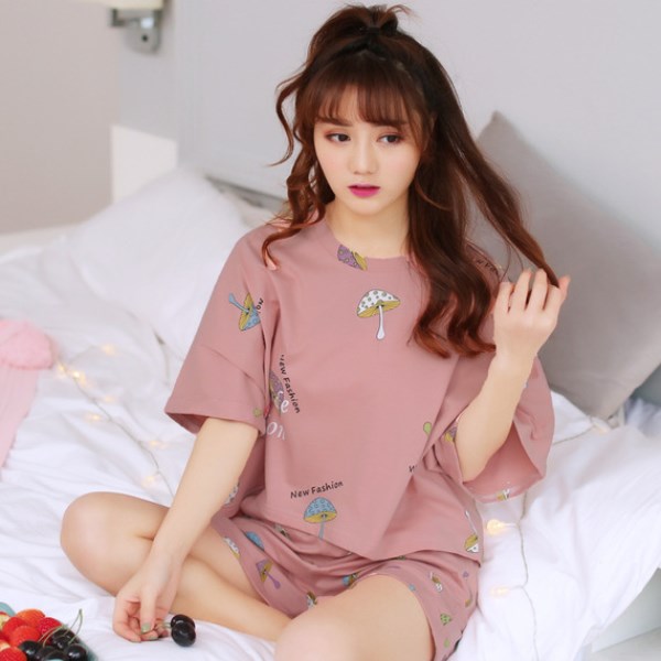 Women Pajamas Set Thin Short Sleeve Cute Sleepwear Homewear