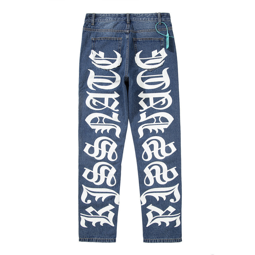 Letter Print Washed Jeans Men Ins Street Trend