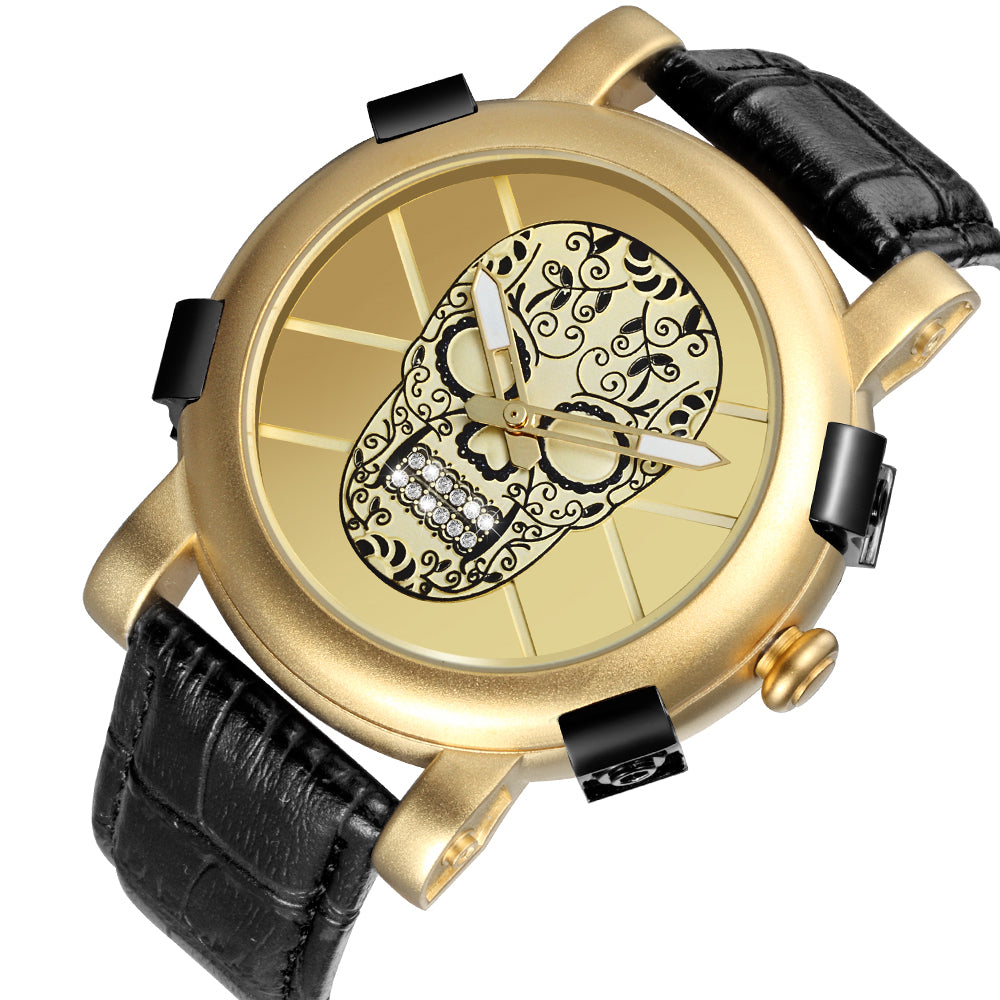 SKONE Pirate Skeleton Skull Quartz Men Watches Luxury Waterproof Leather Men Sports Watch